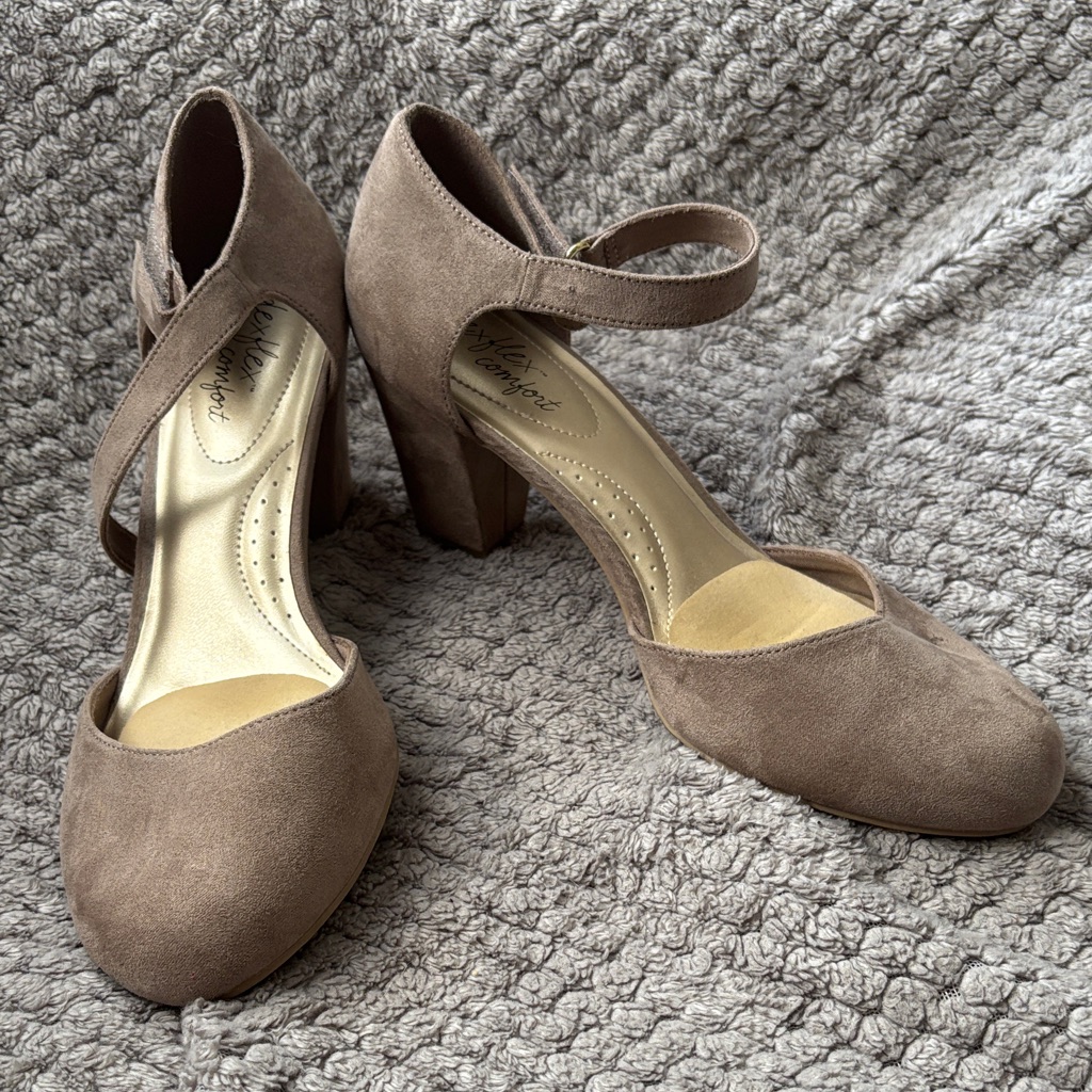 Dexflex Comfort Taupe Suede Mary Jane Block Heels With Ankle Strap